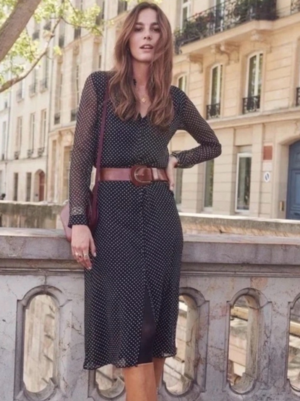 Sezane Black Polka Dot Silk Midi Clemence Dress Size 6